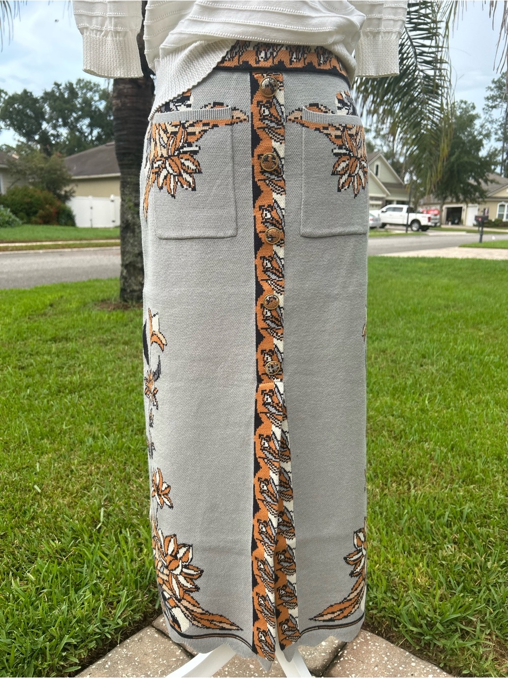 NWT🌷FARM Rio Stained Glass Beauty Printed Scalloped Hem Knit Midi Skirt - Picture 5 of 13